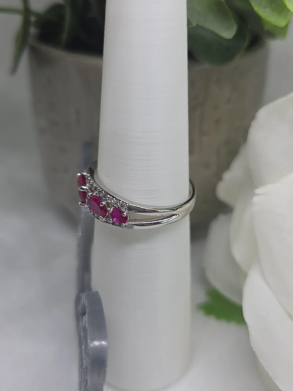 BP Silver Band Ring with Bright Pink Oval Cz's